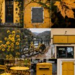 Eine Collage aus Fotos zum Thema „Gelb“: eine Tür, ein Fenster, ein Blatt, Blumen, ein Fahrrad, ein Gebäudeschild, ein Tisch und Stühle, ein Briefkasten und ein Fensterladen – allesamt in Gelbtönen und Herbstfarben gehalten.