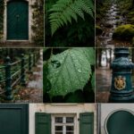 Eine Collage aus neun Bildern mit grünen Motiven: eine Tür mit Efeu, ein Farnblatt, ein moosbewachsener Waldbach, ein grünes Geländer, ein Blatt mit Wassertropfen, ein Straßenpfosten, ein geschlossener Fensterladen, ein Fenster mit Fensterläden und ein rundes grünes Schild.
